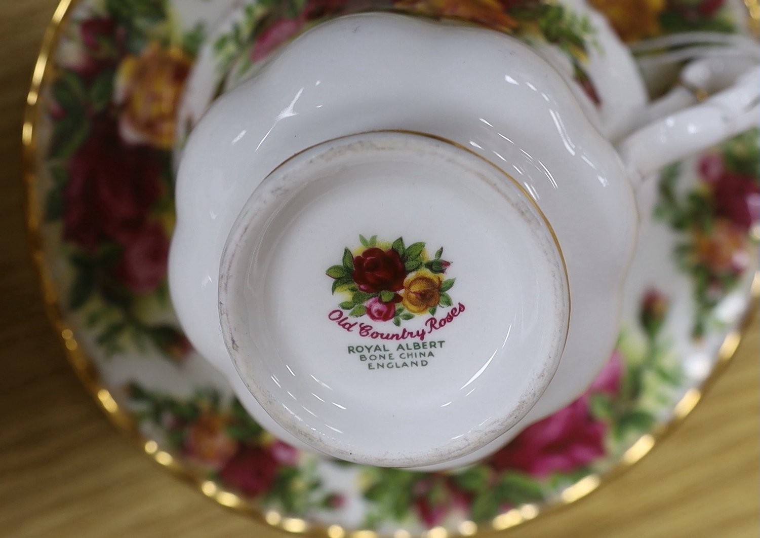 Royal Albert Old Country Roses part tea set including six trios, teapot milk jug and sugar bowl, largest 26cm wide